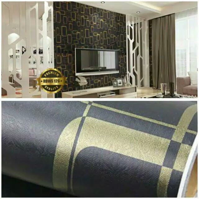 Wallpaper Sticker 10m Motif Kotak Kotak Gold Dasar Hitam ↘ ...