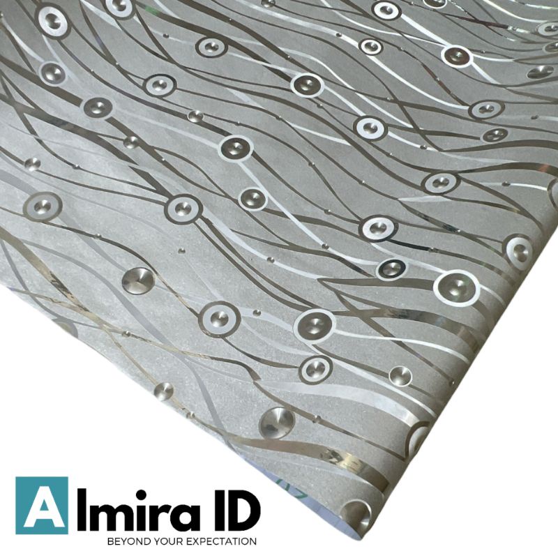 3D Glow Wallpaper Efek Menyala Berserat Bertekstur Walpaper Dinding Kaca Stiker DIY Emas Gold Silver Abu Bulat Cincin Spiral 50 x 90 cm Meteran Berkualitas Modern Lemari Rak Kitchen Set Dapur-Silver Spiral