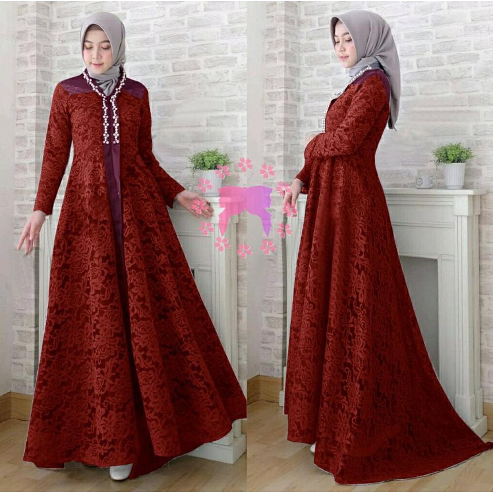 Harga Termurah Gamis Brokat Maxi Latesha Maroon Baju Muslim Wanita Merah Darah Modis Murah Shopee Indonesia