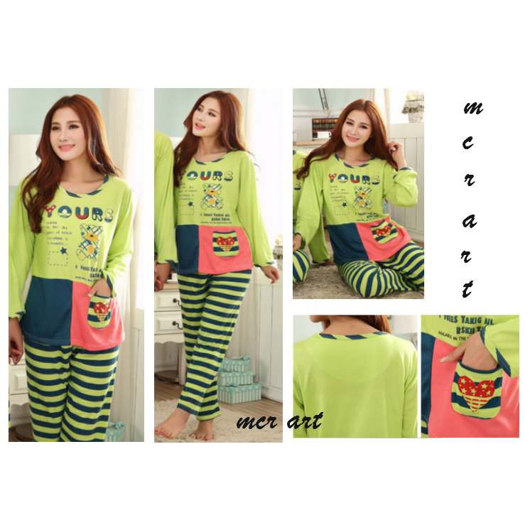 STLN304 - Setelan Piyama Green Yours Bear Stripe