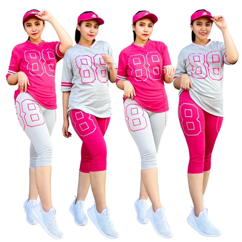Setelan Baju Olahraga 88 Kombinasi Pink Abu Set Senam  Gym Fitness Running Jogging Cycling Sepeda Go