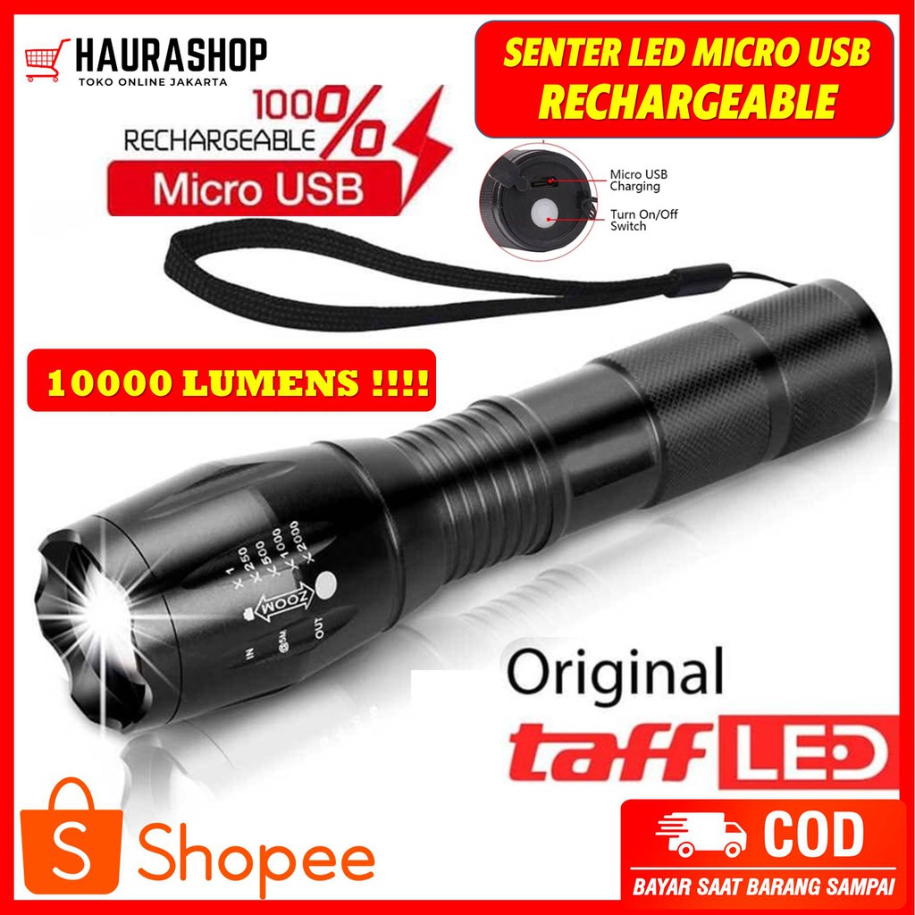 E18u Senter LED XM-L T6 10000 Lumens Super Terang USB Rechargeable Bisa Zoom Out Waterproof Anti Air