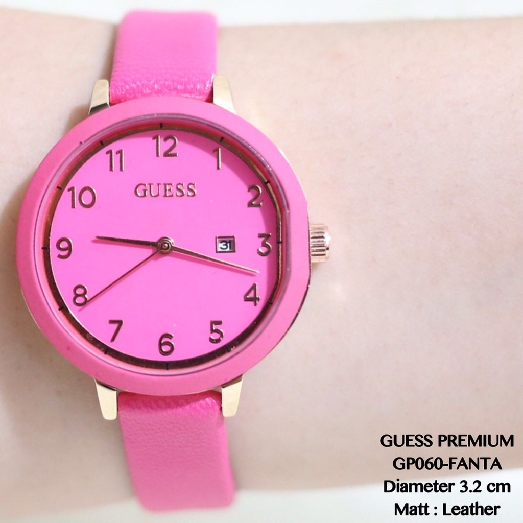 Jam tangan wanita GUESS premium tali kulit tanggal aktif leather flash sale termurah GP060