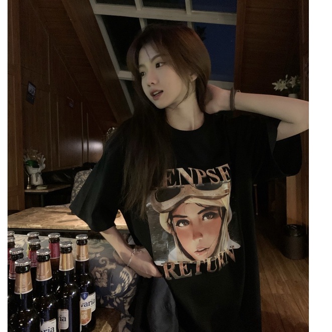 baju wanita kekinian kaos atasan wanita korean style lengan pendek oversize potret printed t shirt