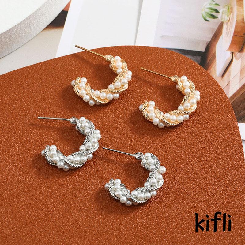 Perhiasan Anting ,Bentuk C Spiral ,Aksen Mutiara