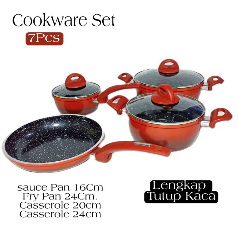 Sun888 Cookware Set 7 Pcs Panci Warna Penggorengan Teflon Anti Lengket Bahan Tebal Set isi 4 Panci D
