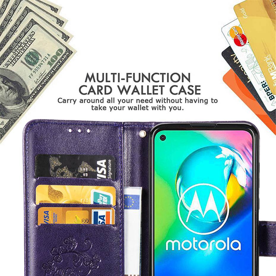 Flip Case Dompet Kulit Pu Emboss Clover 3d Cover Motorola Moto G8 Power