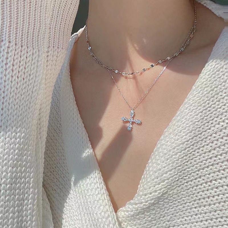 Kalung Rantai Klavikula Model double diamond cross Untuk Wanita