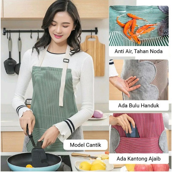 Celemek Masak Dapur Oxford Cloth Apron Masak Tahan Air &amp; Minyak BAHAN TEBAL Motif Garis