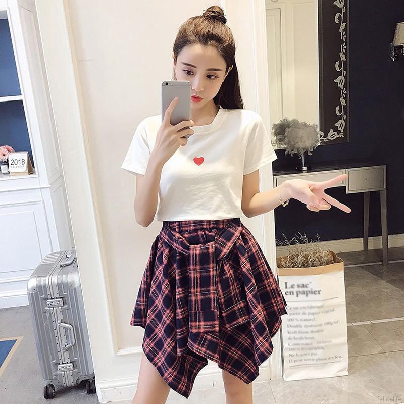 Setelan Kaos  T Shirt Round Neck Print Hati Rok Motif  