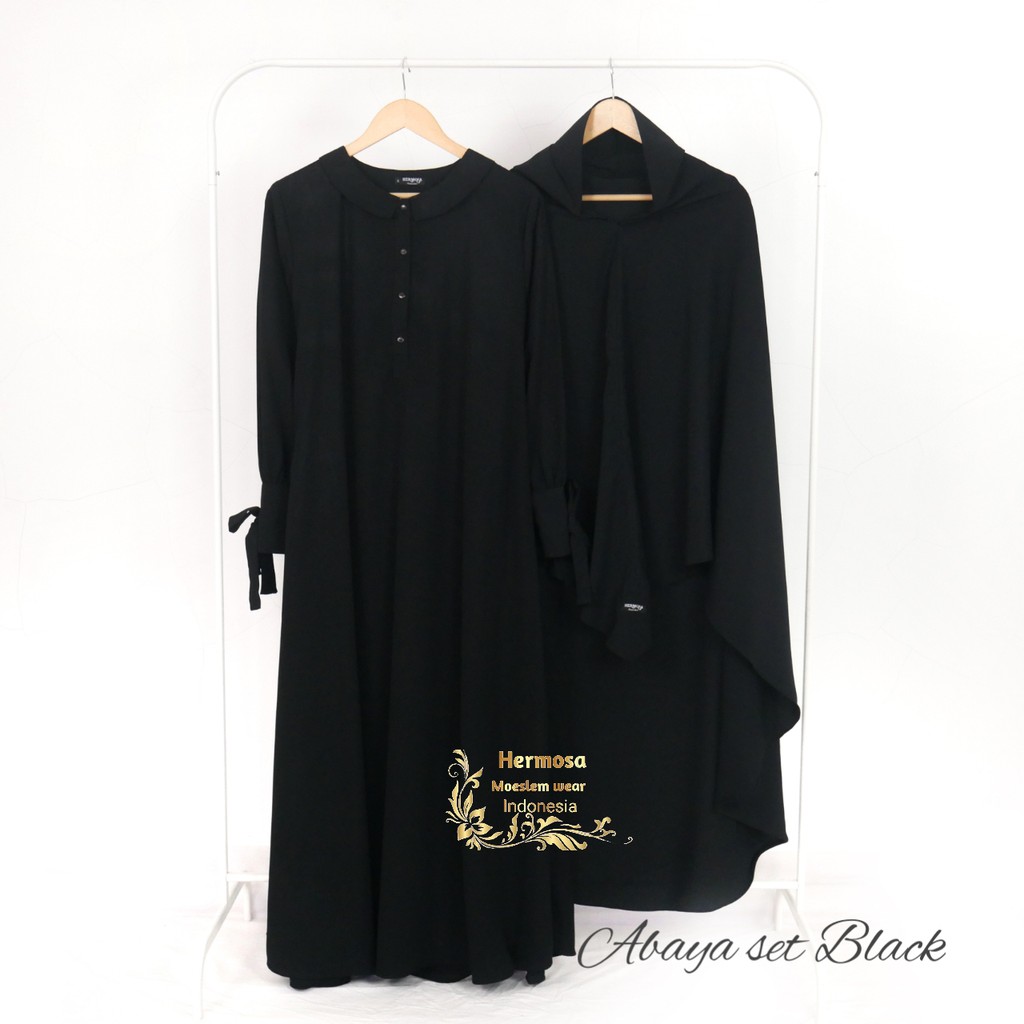 [Set Abaya Hermosa] setelan abaya dan jilbab warna hitam-Abaya set khimar wolfis-Abaya hitam polos