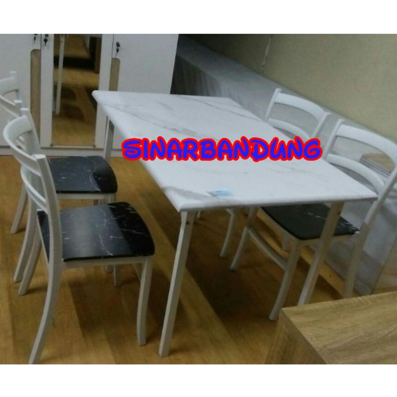 OLYMPIC MEJA MAKAN MOTIF MARMER 4 KURSI / MEJA MAKAN PUTIH KAYU PLYWOOD