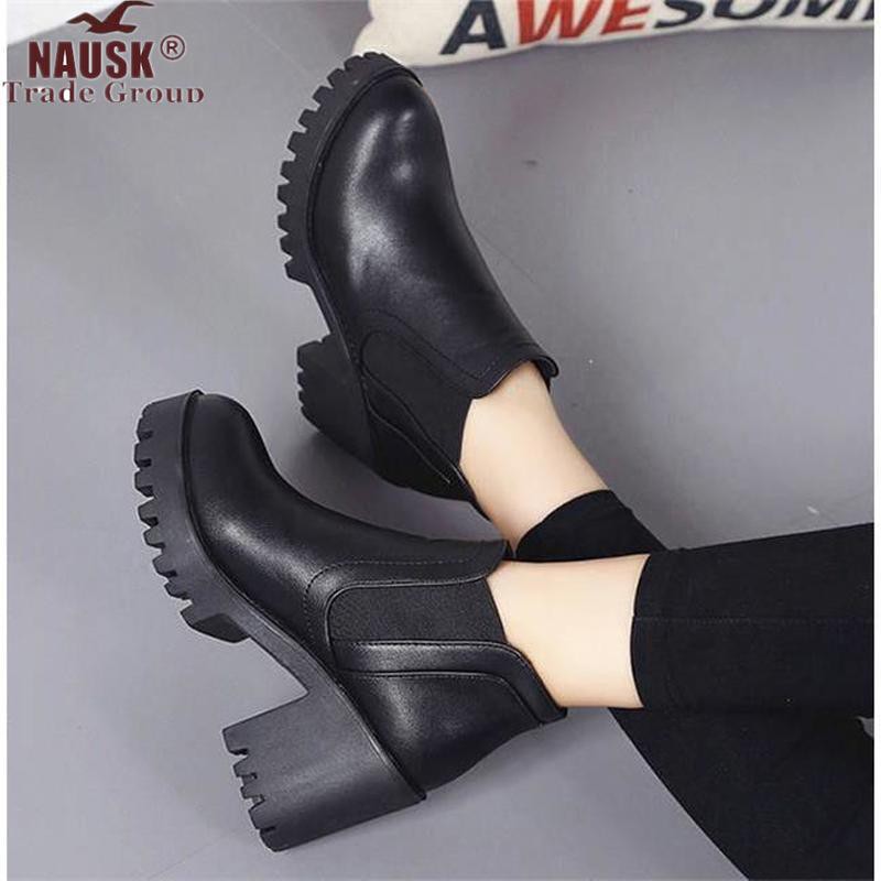 sepatu NAUSK 2019 New Fashion Spring Autumn Platform Ankle Boots Women Thick Heel Platform Boots