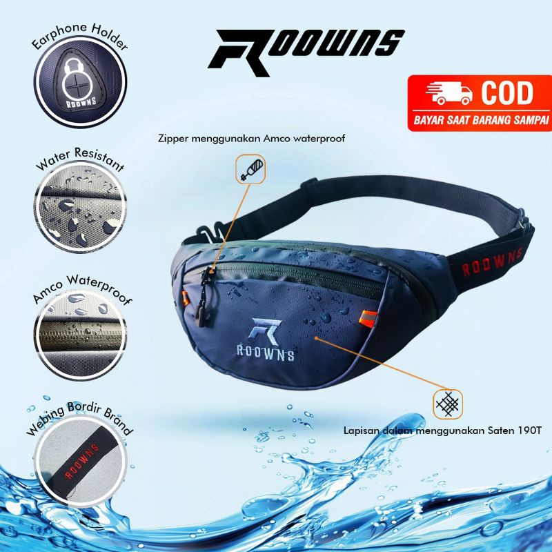 Tas Selempang Pria ROOWNS Original Waterproof Waist Bag Pria Anti Air Premium Murah Not Arei Tnf