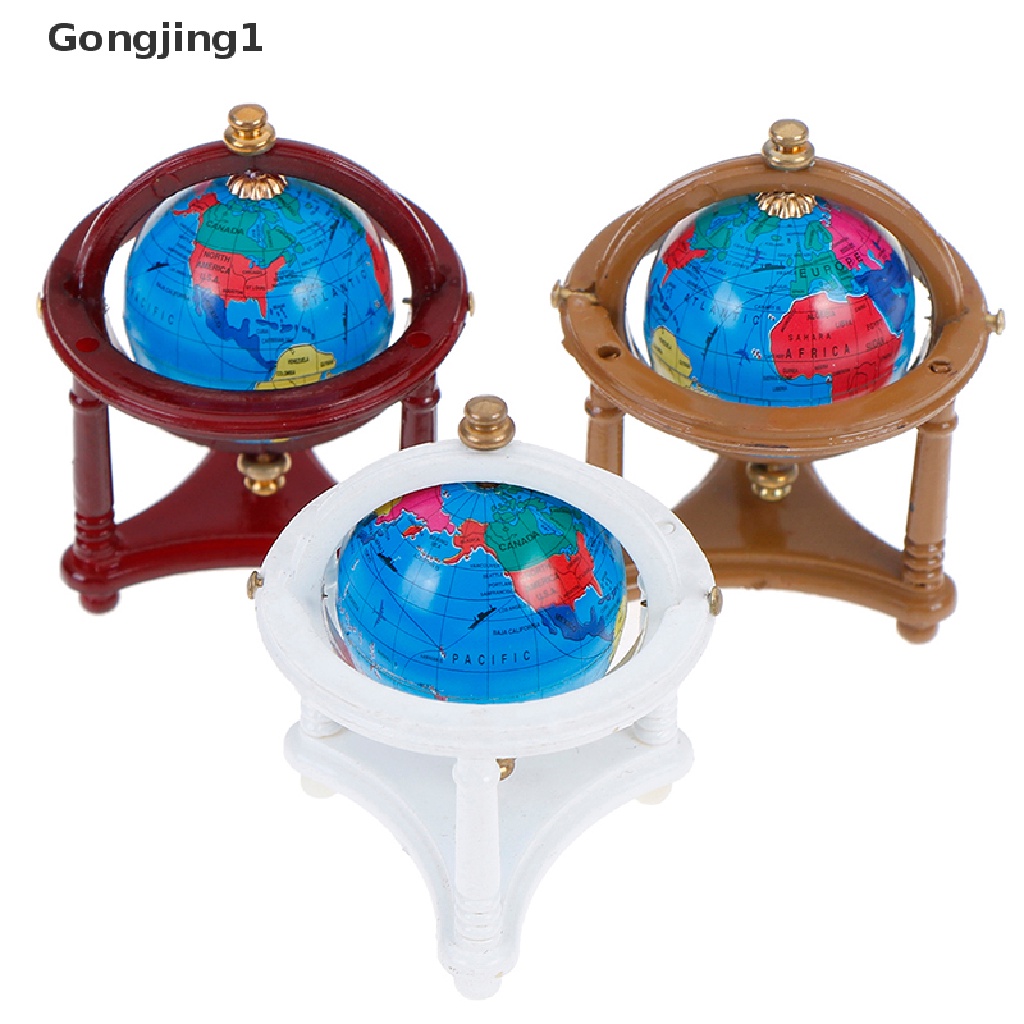 Gongjing1 1Pc Miniatur globe rolling globe Dengan stand Kayu Aksesoris Rumah Boneka 1: 12