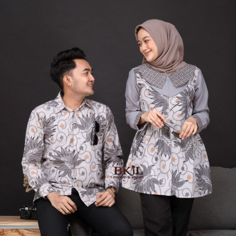 Batik couple keluarga couple batik blues kemeja dan gamis modern size M L XL XXL