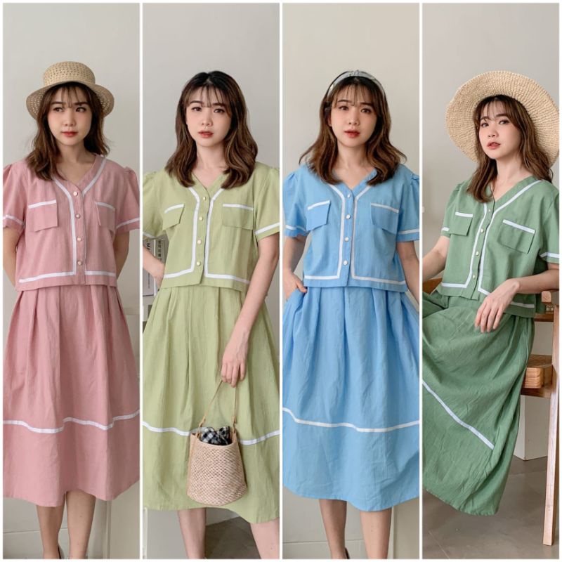 ♡ PREMIUM ♡ REAL PIC ! DJORKA 2 IN 1 WHITE LIST SET [ LINEN / JEANS DENIM ] POCKET BUTTON SHIRT WITH MIDI SKIRT / SETELAN ATASAN KANCING &amp; ROK SELUTUT ( BUSUI FRIENDLY )