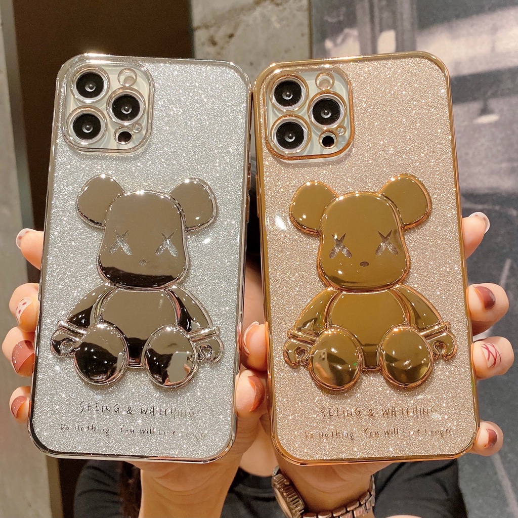 Casing Soft Case iPhone 11 12 13 Pro MAX XR XS MAX 7 + 8Plus XX 6D Motif Beruang Glitter