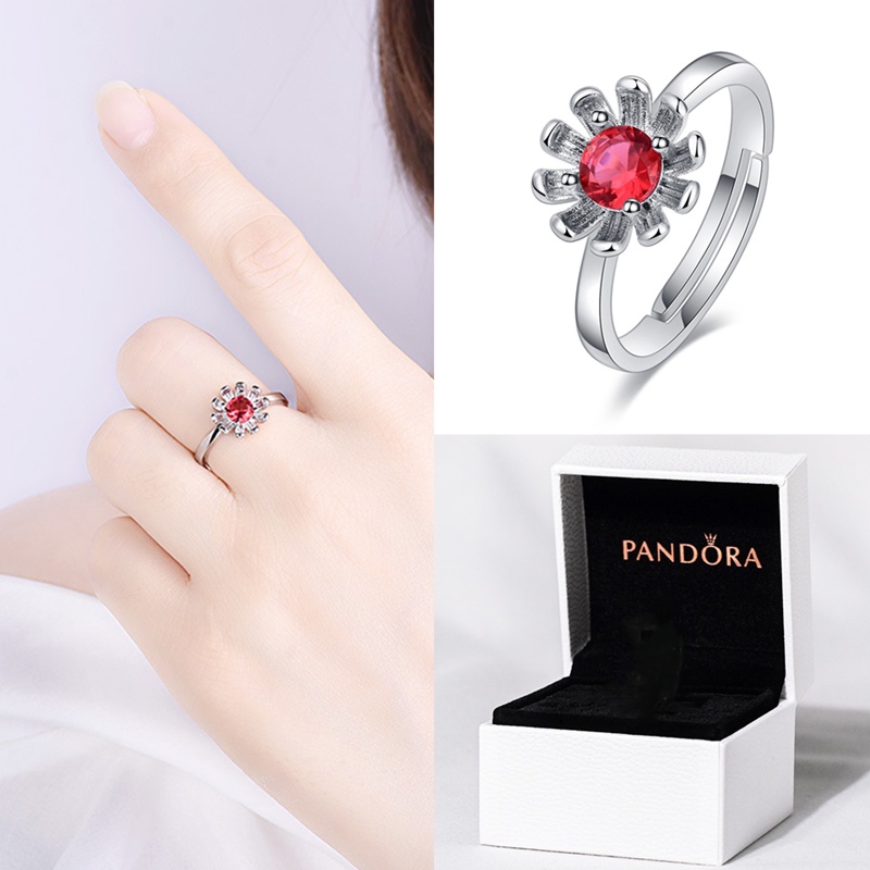 Cincin 925 Silver Desain Bunga Pandora Ruby Cubic Zirconia Diamond Ukuran Adjustable Untuk Pernikahan