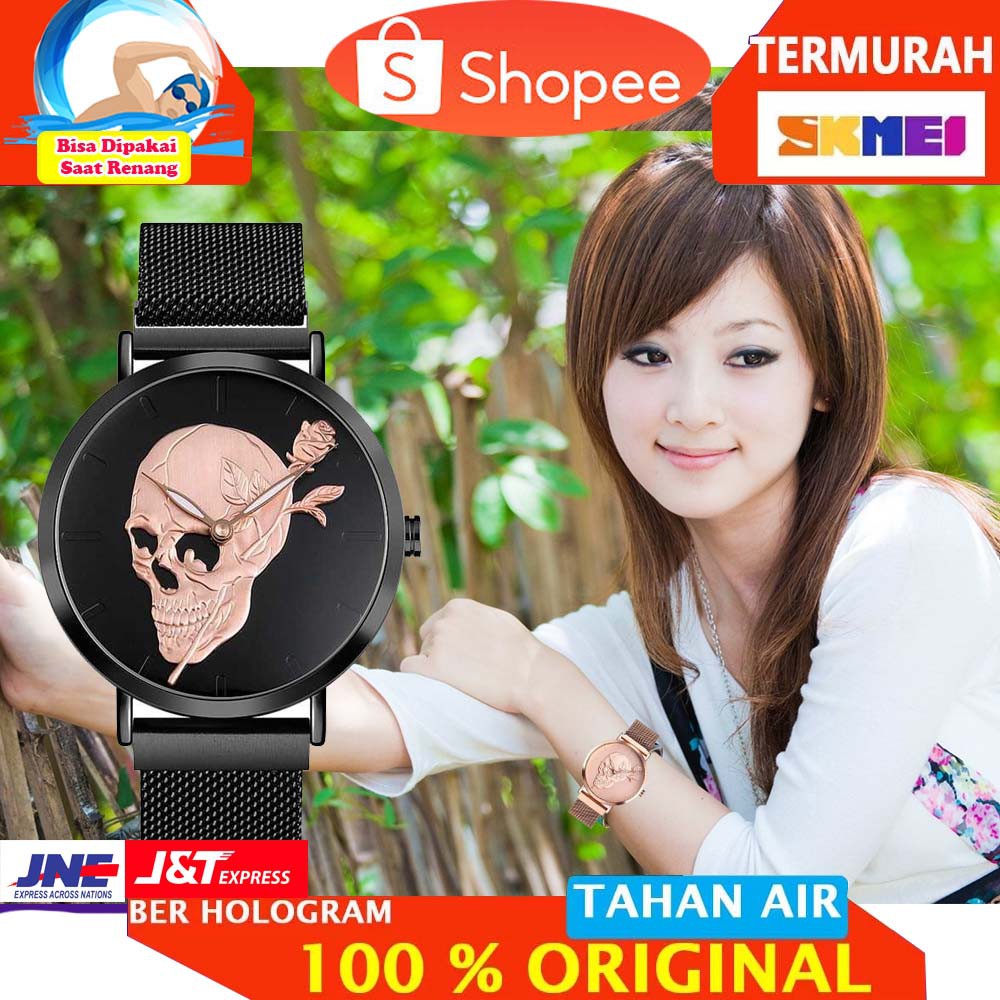SKMEI Jam Tangan Analog Pria Wanita Motif Tengkorak Magnet Band - 9173 [Hitam Hitam]