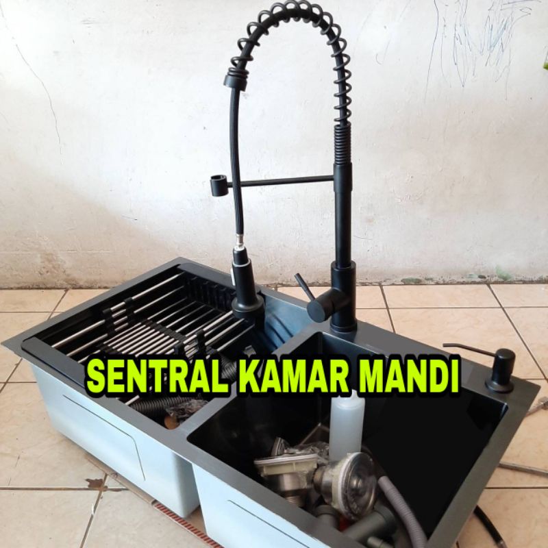 Bak Cuci Piring Hitam Kitchen Sink 8245 Black Stainless 304 Kran Panas Dingin Wastafel 2 Lubang Mode