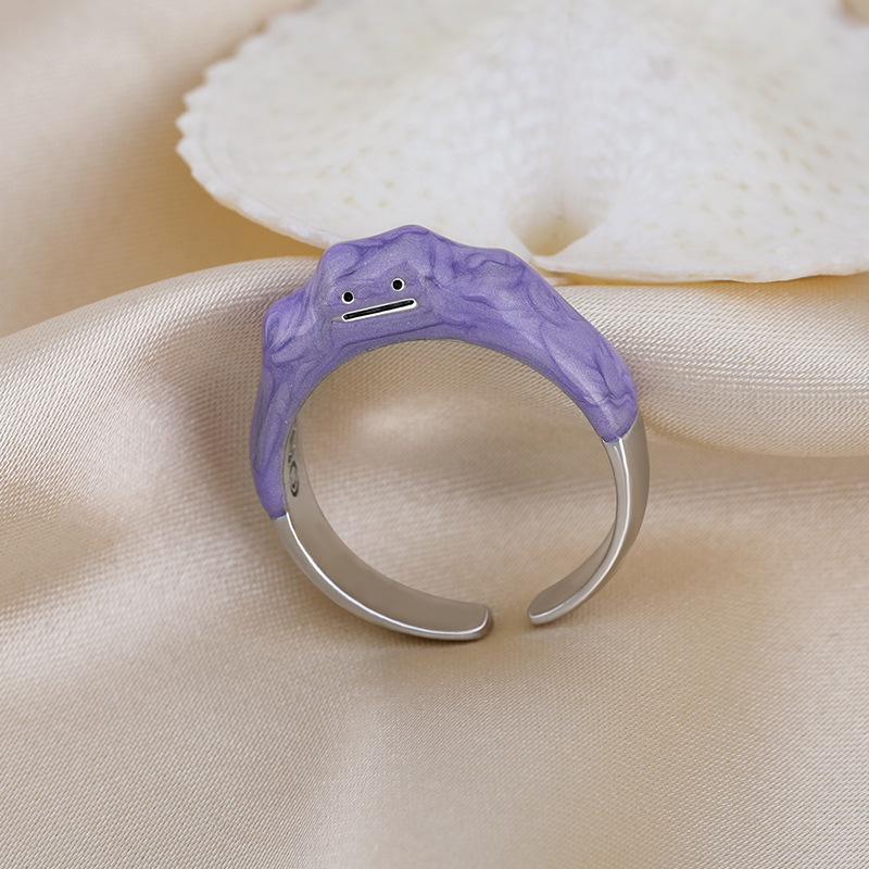 Cincin Model Terbuka Desain Smiley Face Warna Ungu Gaya Korea Untuk Wanita