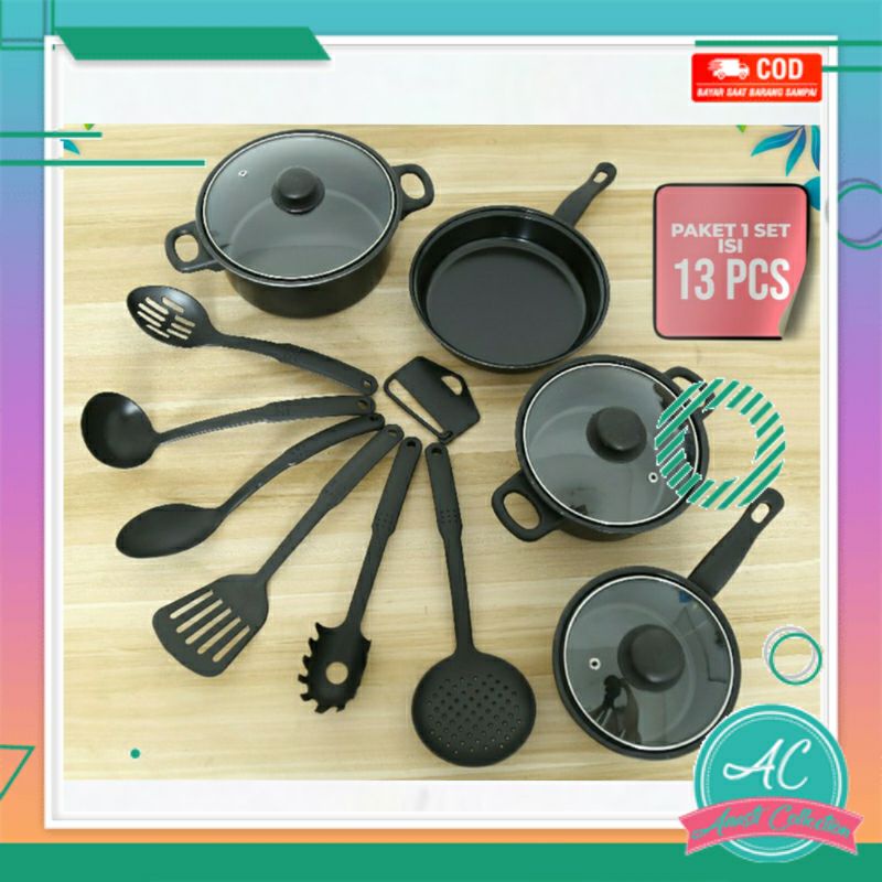 Set panci masak 13 pcs cookware set Panci Set Spatula Teflon Anti Lengket lengkap