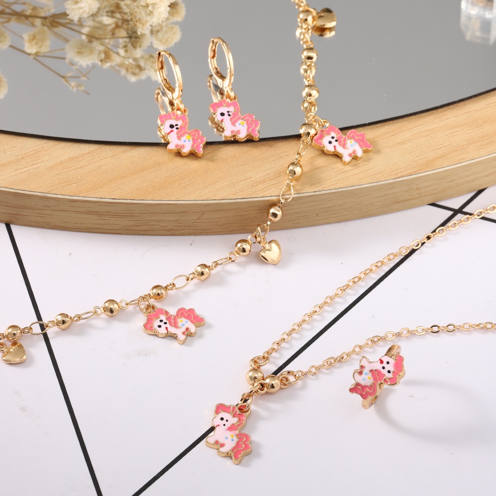✨D.G.C✨Set Perhiasan Anak Titanium Perempuan Perhiasan Murah Satu Set Kalung Gelang Cincin Dan Anting D417
