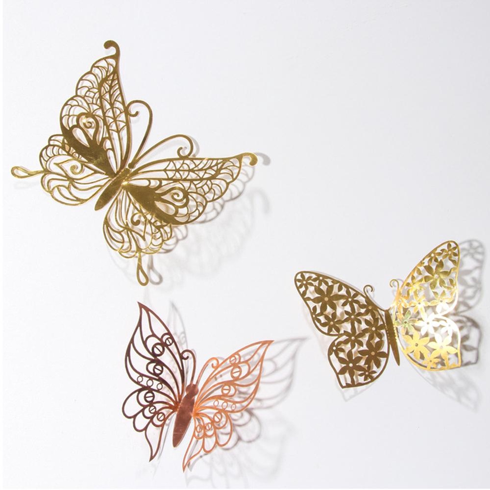 Nanas 12PCS/Pack Stiker Kupu-Kupu 3D DIY Dekorasi Rumah Tekstur Logam Wall Art