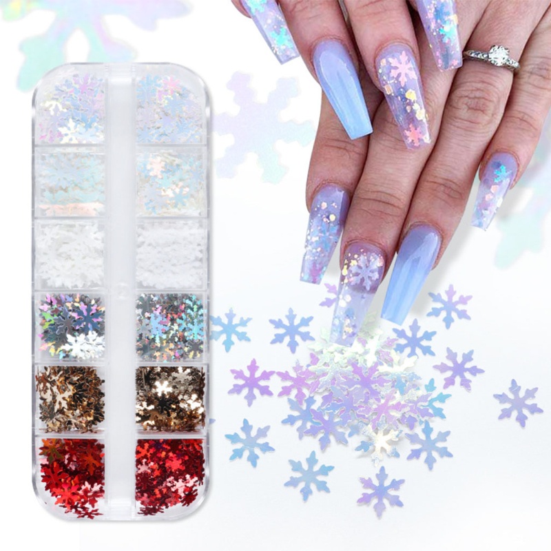 Zzz 12 Sekat / Box Payet Glitter Motif Snowflake Untuk Dekorasi Nail Art / Manicure DIY