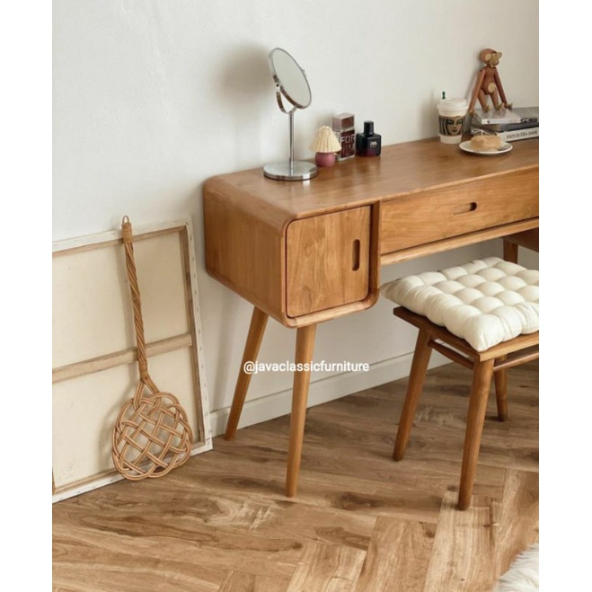 1 SET MEJA TULIS BELAJAR KERJA KANTOR KOMPUTER LAPTOP RETRO MINIMALIS + PUK DUDUK BAHAN KAYU JATI TPK GRADE A AWET KOKOH FINISHING NATURAL PRODUKSI JEPARA-3