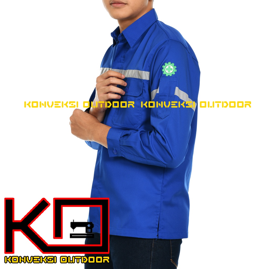 Kemeja Safety Pria Lengan Panjang - Pakaian Kerja Baju Proyek Wearpack Safety K3 Lapangan Outdoor Scotlite Indonesia Tebal Tambang Listrik Mekanik Teknisi Mesin Bangunan Werpack Driver Operator PLN Intalasi Listrik Enginer Teknik Sipil Kilang Warna Biru