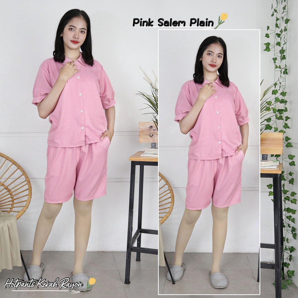 IZANY Piyama Dewasa Hotpant Lengan Balon / HP / Set Celana Pendek Dewasa banyak varian RAYON-PINK SALEM PLAIN SA