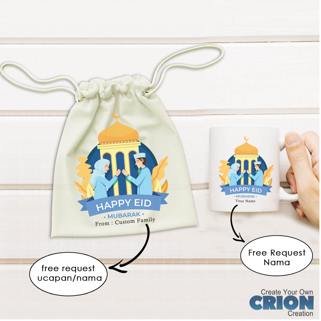 Mug Hampers Lebaran Pouch Eid Mubarak Bisa Custom Tulisan - By Crion