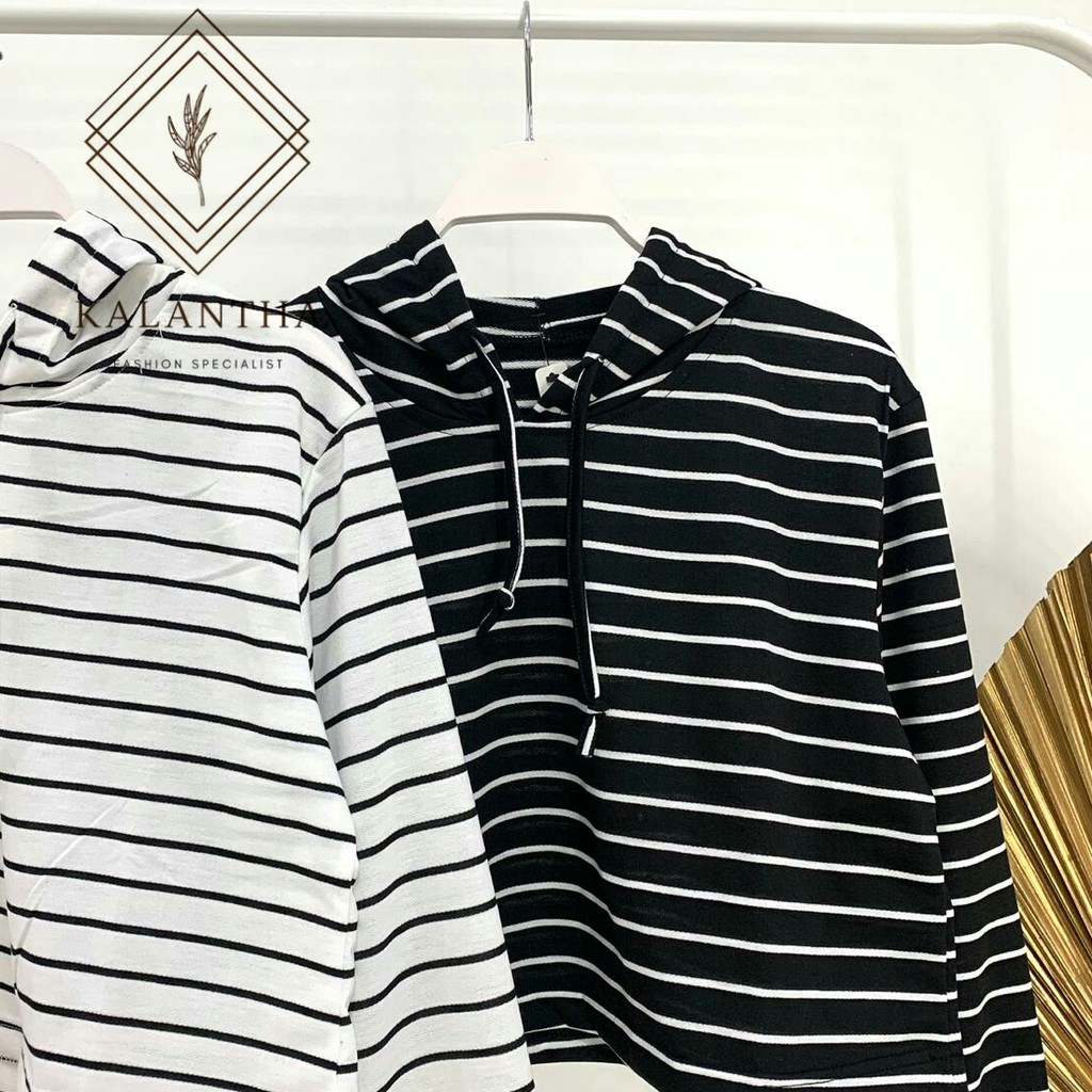 SALE !! KALANTHA FASHION Crop Tee Salur Hoodie Wanita Kekinian All Size-Hitam