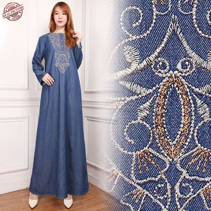 Dress Maxi Gamis Venya Longdress Jeans Jumbo Wanita - Biru Muda Murah