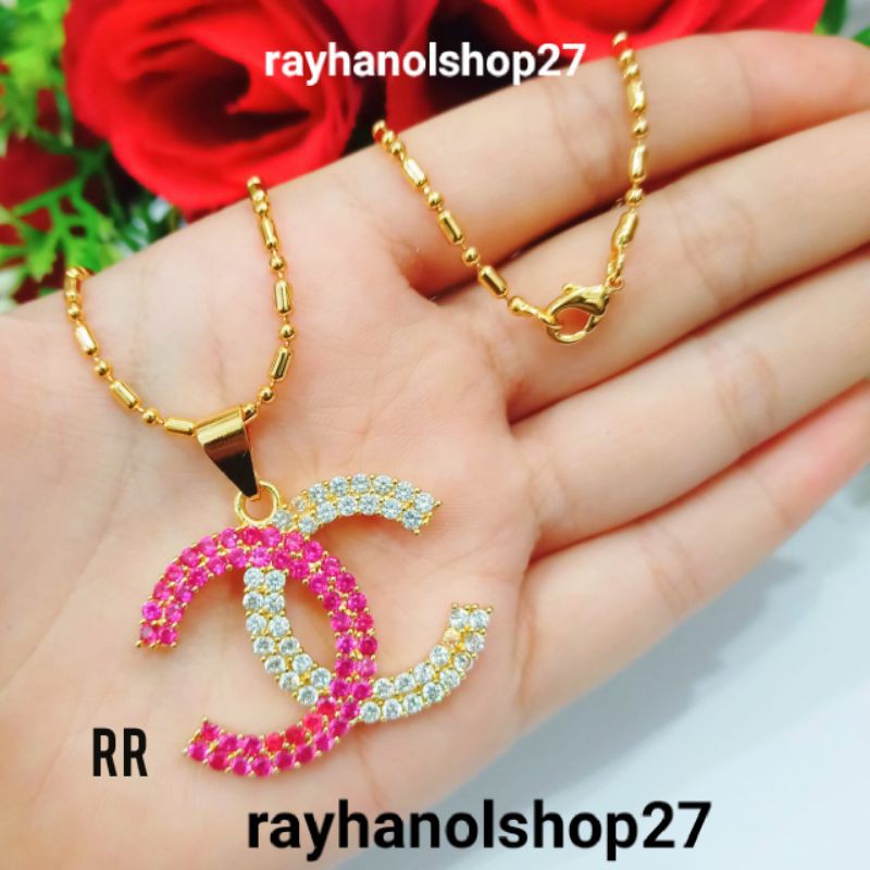 NEW!!!!TERBARU KALUNG WANITA DEWASA TITANIUM LIONTIN MOTIF CHENELL DOUBLE PERMATA LAPIS EMAS 22 K