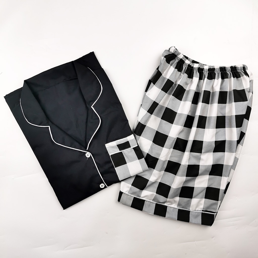 Setelan Piyama Dewasa Celana Pendek Lengan Pendek Hotpant All Size-HPL CATUR BLACK COMB