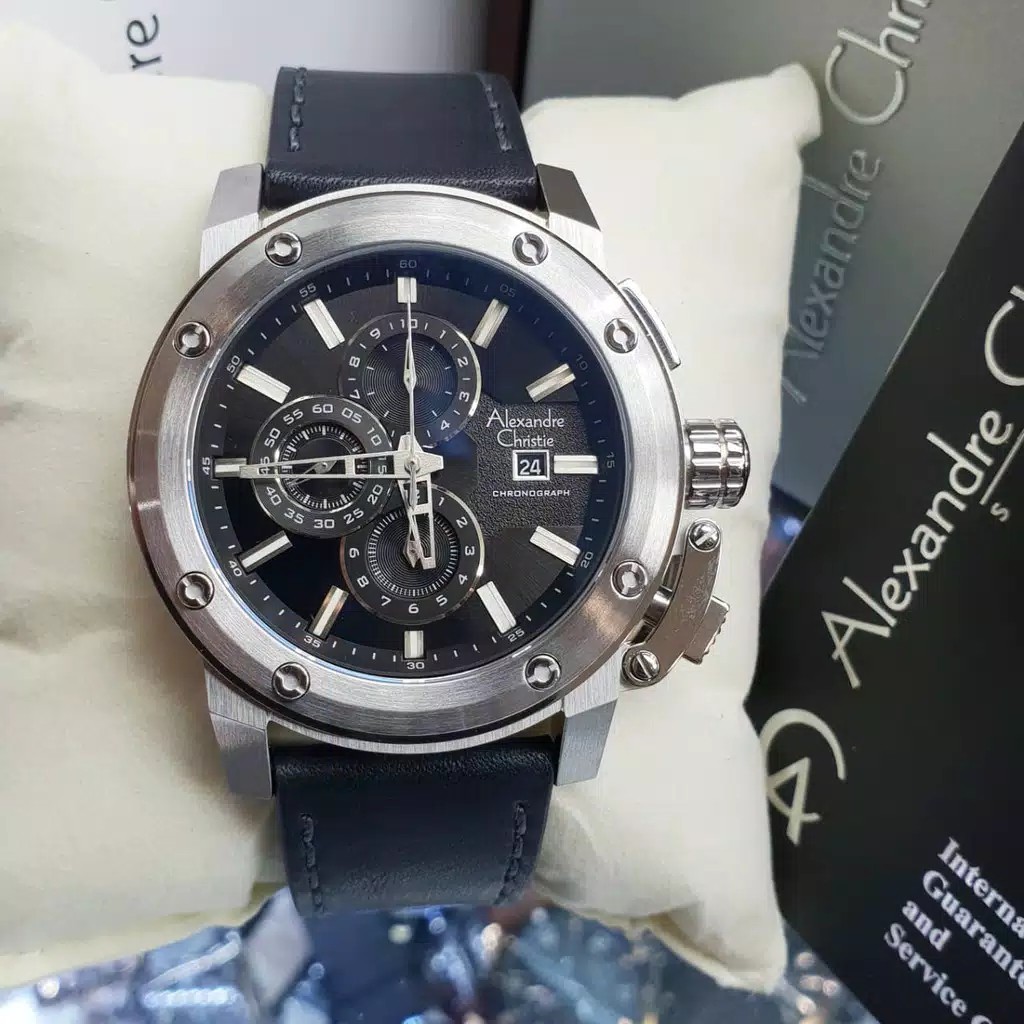 ALEXANDRE CHRISTIE ORIGINAL AC6519 JAMTANGAN PRIA TALI KULIT HITAM SILVER