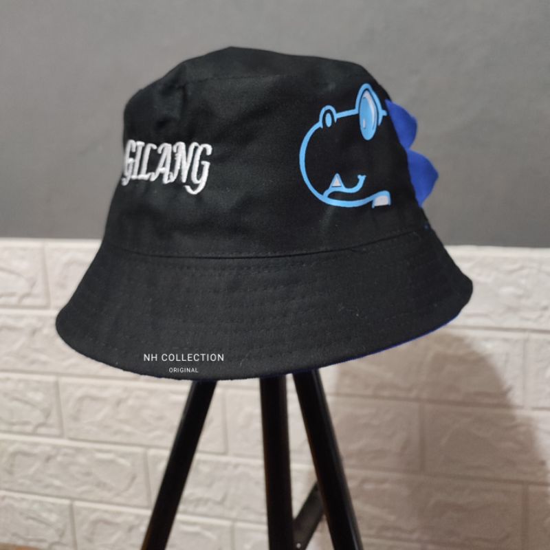 Topi Bucket Dino Anak Unisex BB/Bolak-Balik Polos/ Bordir Nama GRATIS Suka-Suka