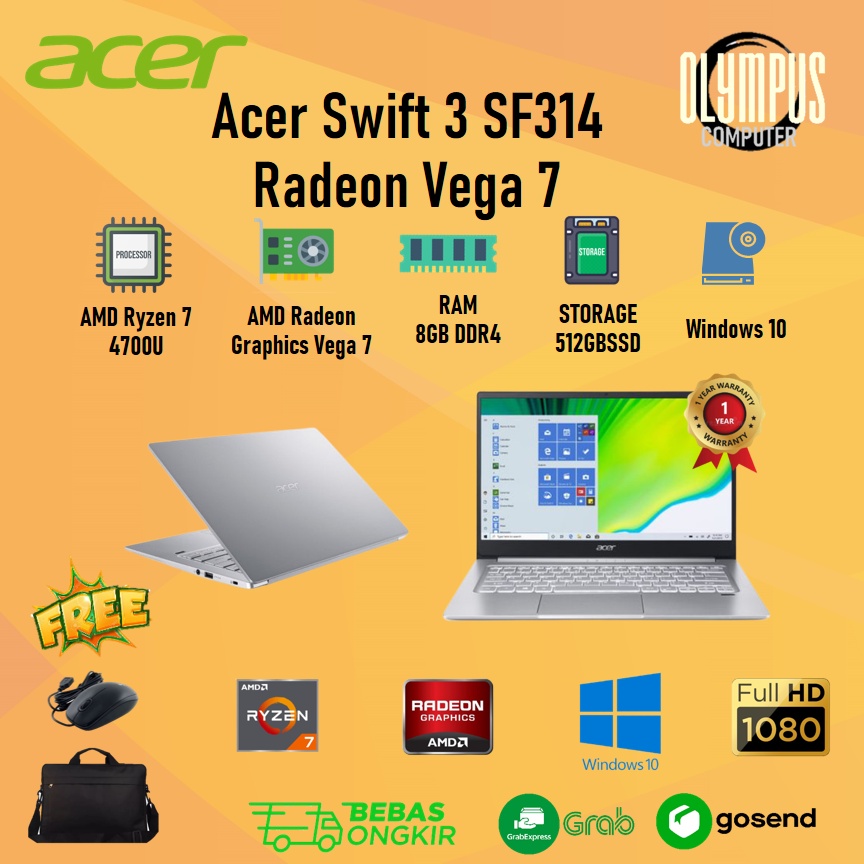 Laptop Acer Swift 3 SF314 Ryzen 7 4700U 8GB 512SSD VEGA7 W10 14.0FHD SLV