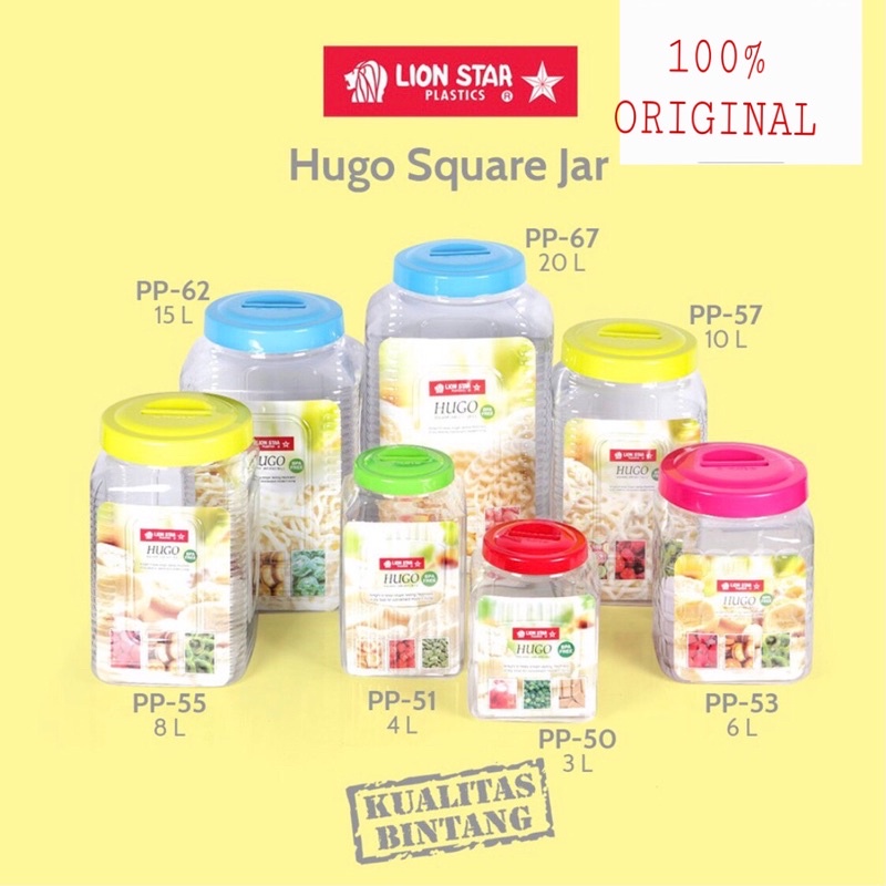 LION STAR - Hugo Round Jar / Square Jar / Toples Pelastik / Toples Kerupuk 3-4-6-9-10-15-20 Liter