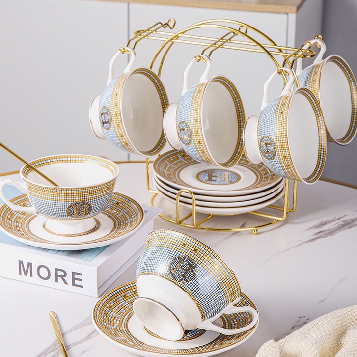 HOMELIVING#HSET6 Cangkir Saucer Set 6 PCS dengan Gantungan Cangkir / Gelas Set / Cangkir Teh Kopi