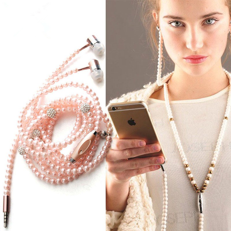 Vaorlo Headset Earphone In-Ear Kabel Jack 3.5mm Model Kalung Mutiara + Berlian Imitasi + Mic