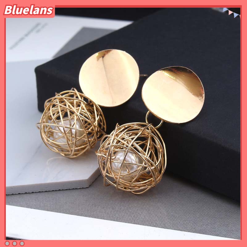 Bluelans Women Fashion Geometric Woven Hollow Ball Faux Pearl Drop Earrings Jewelry Gifts