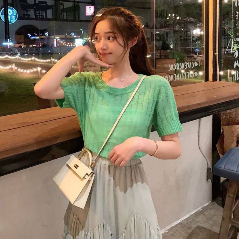 HUES.ID Baju Rajut Wanita model Kaos Import Lengan Pendek 4049