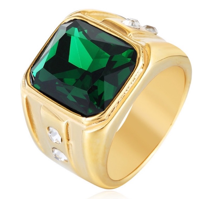 Cincin Pria Titanium Zamrud Hijau Green Emerald Ring Warna Emas Octagon Mewah Minimalis