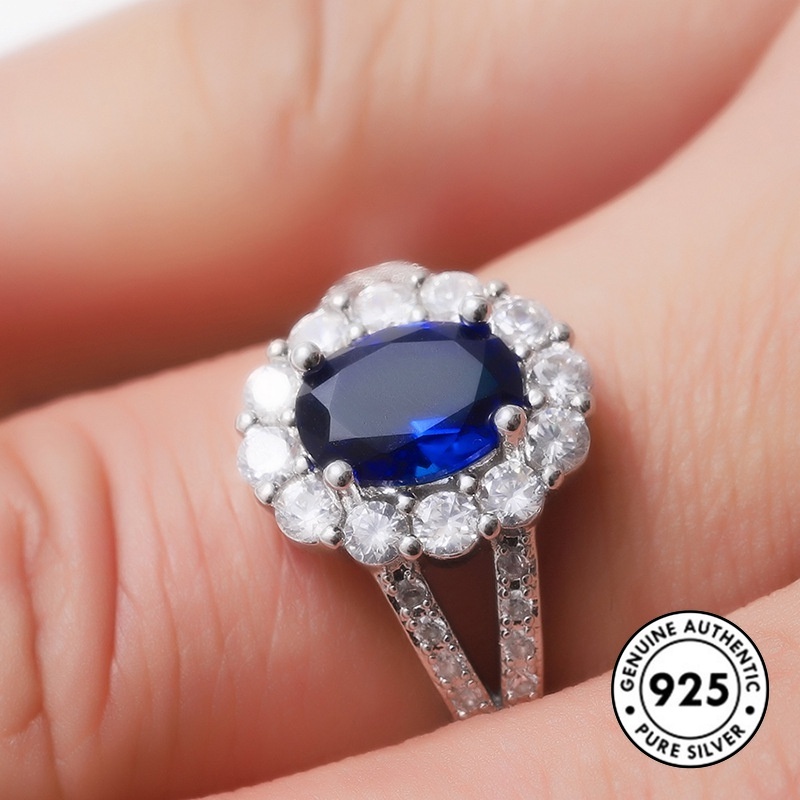 Cincin Sapphire Mewah Bahan S925 Silver