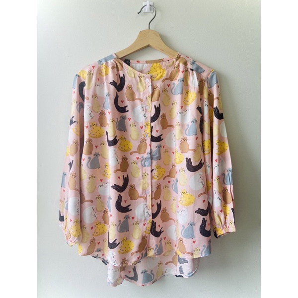 Blouse Wanita Motif Bunga Lengan Panjang Kerut Kancing Depan-Variasi 6