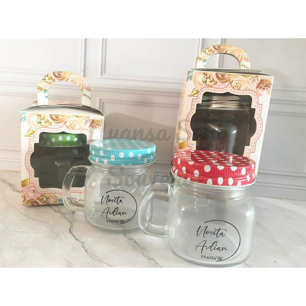 Souvenir Gelas Gagang Kaca Infuser Water Mug Jar Jus Tutup Kaleng Motif Mug Mini Tumbler Sablon